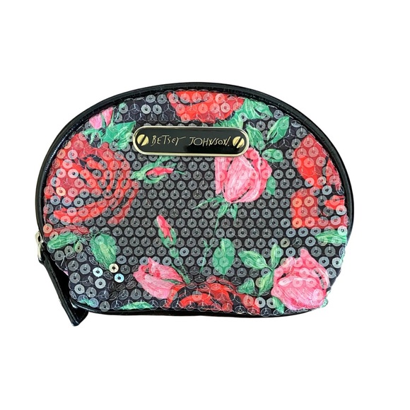 Betsy Johnson Sequin Rose Garden Bag Cosmetic Bag Small Zipper Pouch - Picture 8 of 9